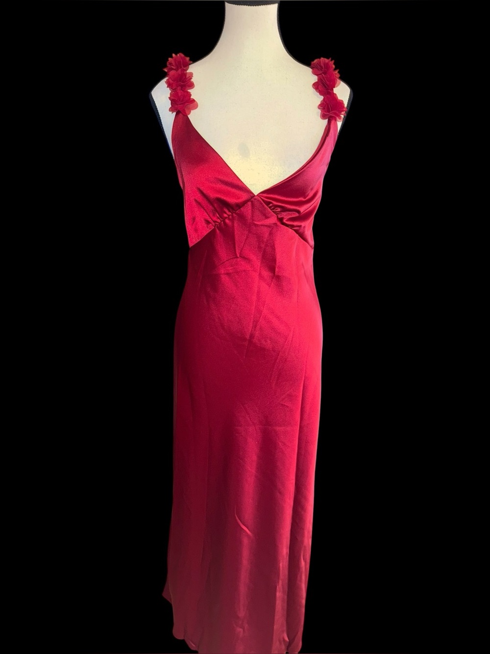 PHICIA Satin Maxi Dress M Burgundy Red 3D Floral Strap V Neck Formal NWT